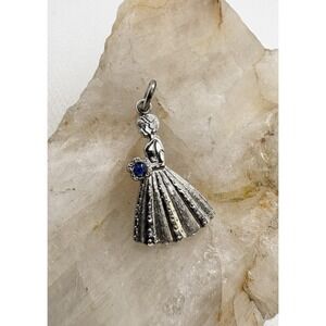 Vintage Sterling Silver Bride Bouquet Charm Blue Glass Stone Dress Pendant 1.8g‎